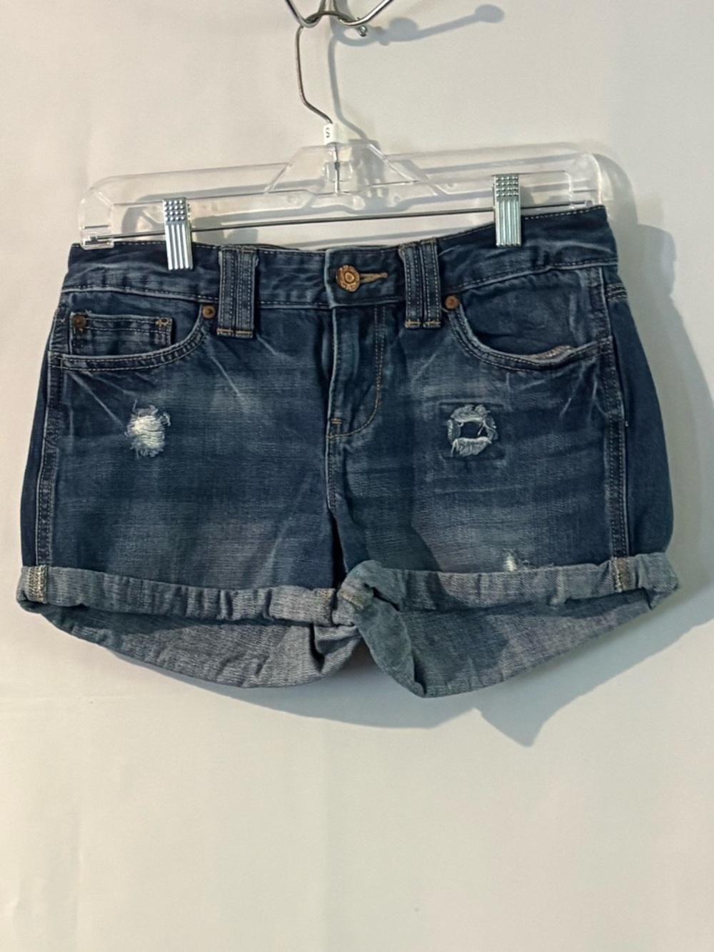 GAP Distressed Dark Blue Rolled-Hem Denim Shorts